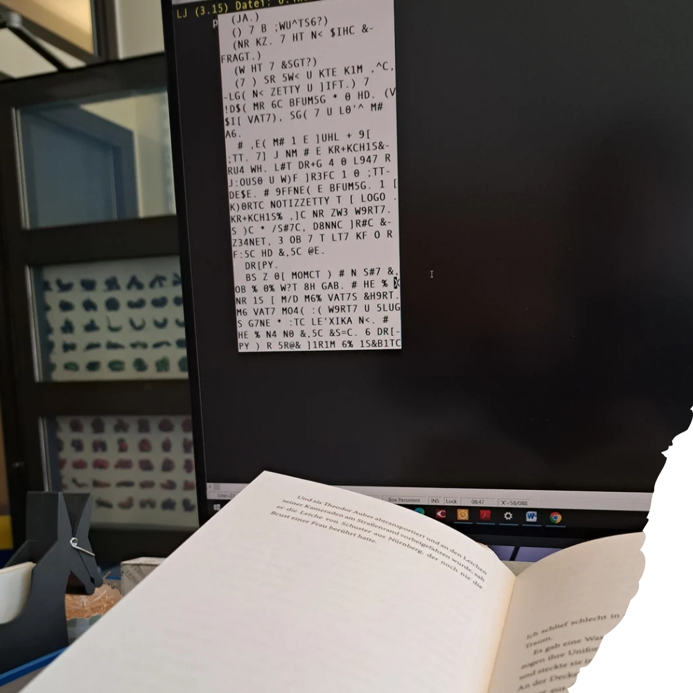 Buch und Computerbildschirm mit Ausschnitt eines formatierten Braille-Files