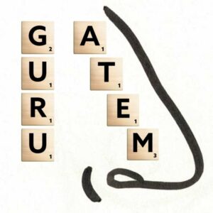 Skizze von Nase, dazu Scrabble-Buchstaben GURU ATEM (gibt 11 Punkte)