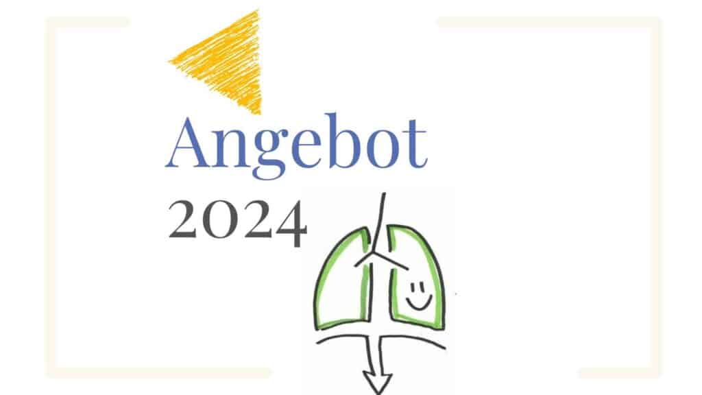 Angebot 2024: Logo Atemhaus Wagner (oranges Dreieck aus feinen Strichen) und Skizze einer Lunge mit lachendem Gesicht