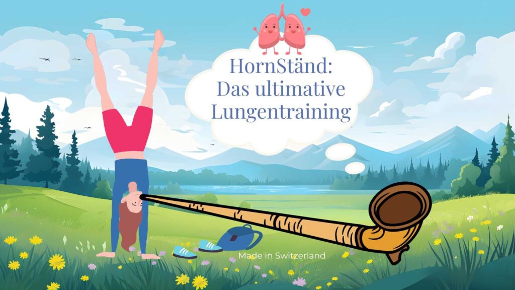 Grafik: Eine Frau im Handstand spielt Alphorn in Landschaft von Wiesen, See und Bergen. Gedankenblase: HornStänd: das ultimative Lungentraining