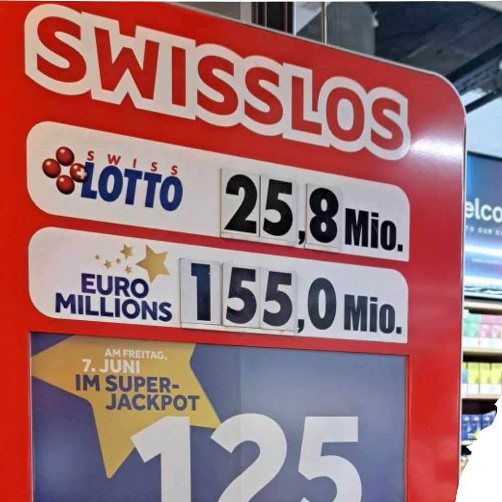Swisslos-Aushang beim Kiosk: Swisslotto 25,8 Mio. / Euromillions 155