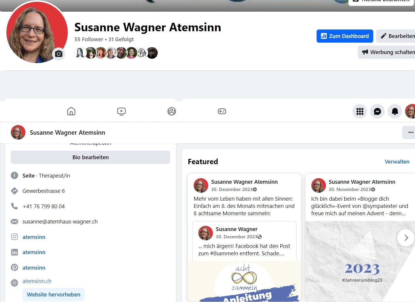 Screenshot Facebook Unternehmensseite Susanne Wagner Atemsinn