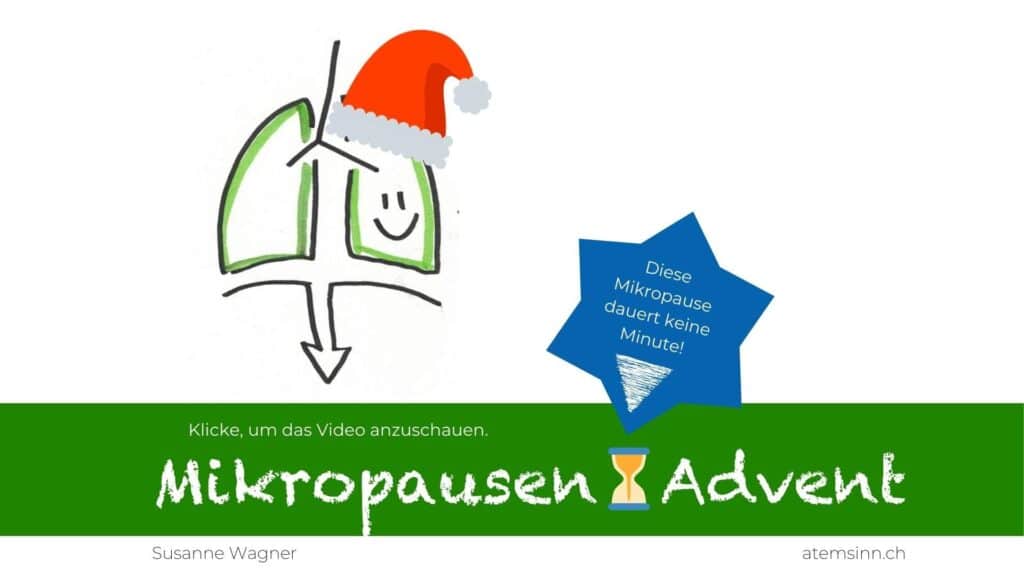 Cover Mikropausen-Advent mit Skizze von Lunge und Zwerchfell inkl. Nikolausmütze und Text: Diese Pause dauert keine Minute