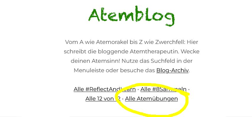 Screenshot Atemblog mit gelb markiertem Link zum Archiv der Atemübungen