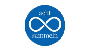 Grafik: blauer, ausgefüllter Kreis, darin weisse Lemniskate, Text: acht sammeln