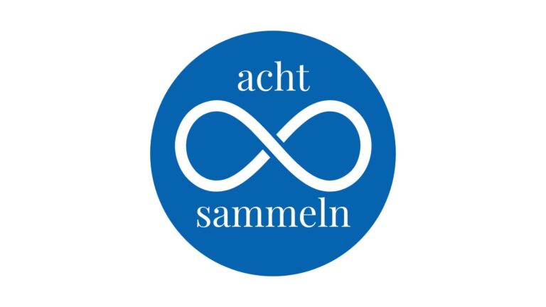 Grafik: blauer, ausgefüllter Kreis, darin weisse Lemniskate, Text: acht sammeln