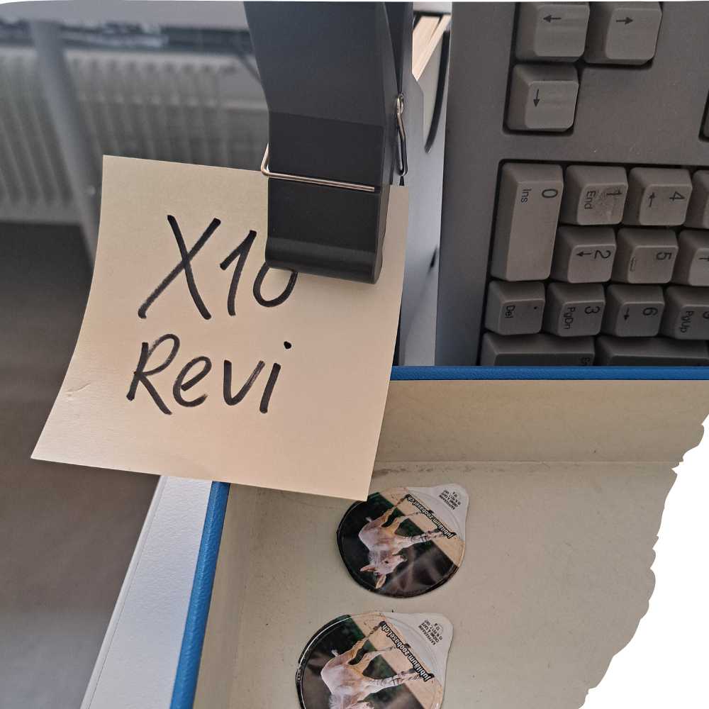 Tastatur, Kaffeerahmdeckeli mit Eseln, Eselclip mit Reminder "X10 Revi" zum Ablagefach