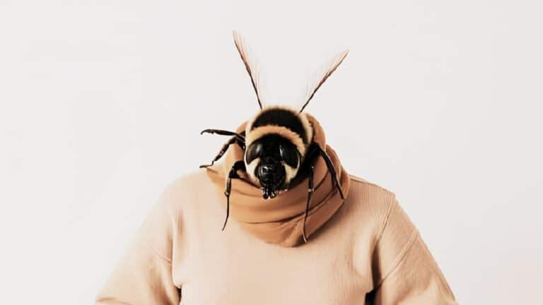 Biene, die aus kopflosem behalstuchten Pullover kriecht (generiert von KI Canva)