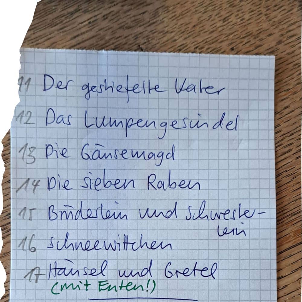 Liste mit Märchen: Der gestiefelte Kater, das Lumpengesindel, ...